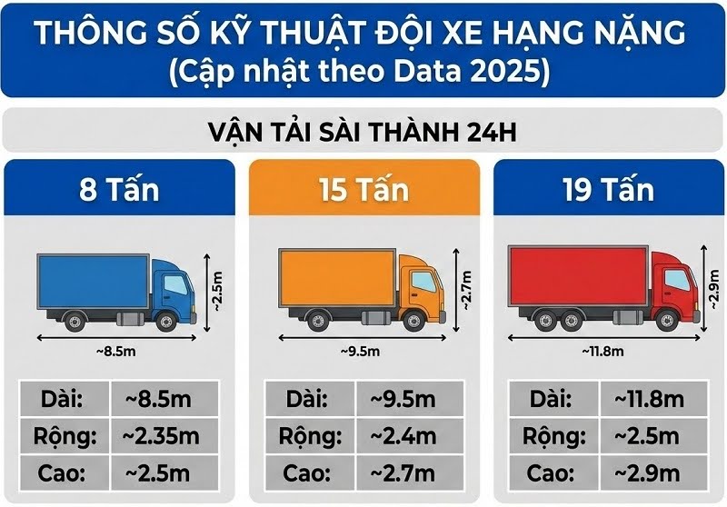 Kích thước thùng xe 8 tấn, 15 tấn và 19 tấn tại Vận Tải Sài Thành 24H